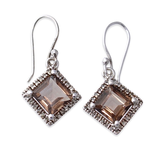 Estate Smoky Quartz Sterling Silver Dangle Earrings White Topaz Halo Square Cut - Picture 1 of 4